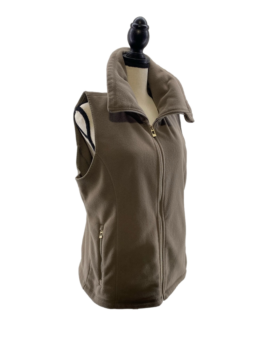 CALVIN KLEIN Wm’s Taupe Fleece Zip Vest—2 Front Zip Pockets w/Headphone Access—L